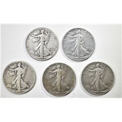 LOT OF 5 WALKING LIBERTY HALF DOLLARS: