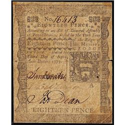 April 3, 1772 Pennsylvania 18 Pence Colonial Currency Note
