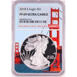 2018-S $1 Proof American Silver Eagle Coin NGC PF69 Ultra Cameo Bridge Core