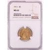 Image 1 : 1911 $5 Indian Head Half Eagle Coin NGC MS63