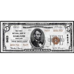 1929 Type 2 $5 First NB in Oakland, Maryland CH# 5623 National Currency Note