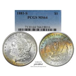 1881-S $1 Morgan Silver Dollar Coin PCGS MS64 Amazing Toning