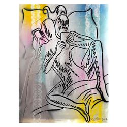 Mark Kostabi "Let'S Google That" Original Mixed Media Painting