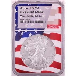 2019-W $1 Proof American Silver Eagle Coin NGC PF70 Ultra Cameo Memorial Day Flag Core