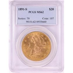 1891-S $20 Liberty Head Double Eagle Gold Coin PCGS MS62