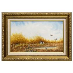 20thc Signed Quail & Pointer Hunting Theme Watercolor Painting