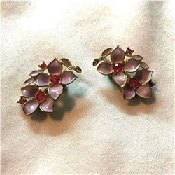 Vintage Sarah Coventry Pink Enamel & Crystal Floral Clip On Earrings
