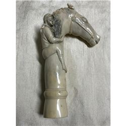 Jokey On Horse Deer Antler Carving, Cane, Walking Stick Handle