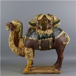 A PORCELAIN SANCAI-GLAZE CAMEL STATUE TANG DYNASTY 9TH/C.