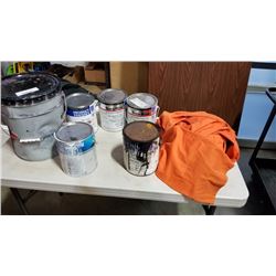 Lot of shop coat primer and other paint with 2 pairs of coveralls