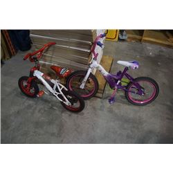 2 KIDS BIKES, WHITE AND PINK AND WHITE AND RED