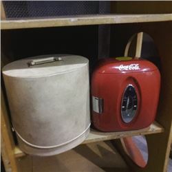 Coca cola mini fridge no cord, with wig box and wig