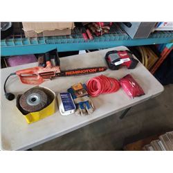 REMMINGTON ELECTRIC CHAINSAW, MILWAUKEE RADIO, FIRST AID KIT AND SHOP SUPPLIES