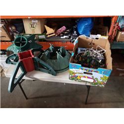 BOX OF CHRISTMAS LIGHTS AND XMAS TREE STANDS