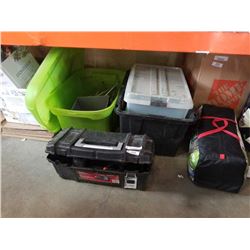 LOT OF TOTES WITH HUSKY TOOLBOX AND DEWALT SAWZALL