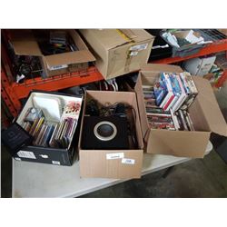 3 boxes of DVDs, CDs, computer speakers and electronics