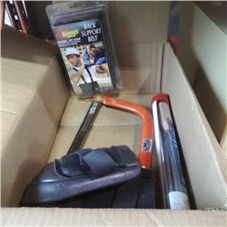 Box of bow saw, braided rope splicing kit, knee pads and more