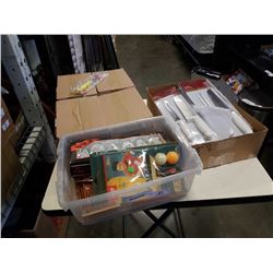 2 BOXES AND TRAY OF KNIFE SETS, COMBS, PING PONG RACKET