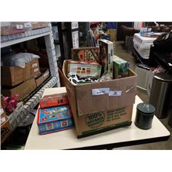 BOX OF BOARD GAMES, VINTAGE FLOUR TIN AND WICKER BASKETS