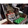 Image 2 : BOX OF BOARD GAMES, VINTAGE FLOUR TIN AND WICKER BASKETS