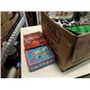 Image 3 : BOX OF BOARD GAMES, VINTAGE FLOUR TIN AND WICKER BASKETS