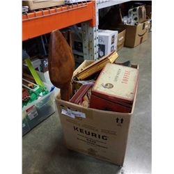 BOX OF COLLECTOR TINS, LARGE WOOD SPOON AND FORK AND KITCHEN ITEMS