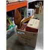 Image 1 : BOX OF COLLECTOR TINS, LARGE WOOD SPOON AND FORK AND KITCHEN ITEMS