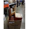 Image 4 : BOX OF COLLECTOR TINS, LARGE WOOD SPOON AND FORK AND KITCHEN ITEMS