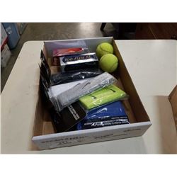Box of new headbands, golf balls and tennis balls