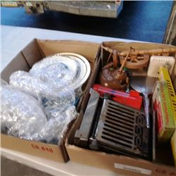 2 boxes of collectible plates, antique toaster, spinning wheel and more