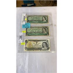 3 CANADIAN 1 DOLLAR BILLS 1954, 1967, 1973 - LAST YEAR OF BILL