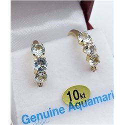 10KT YELLOW GOLD GENUINE AQUAMARINE HOOP EARRINGS - RETAIL $500, 1.2CTS AQUAMARINE, BIRTHSTONE MARCH