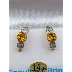 14KT YELLOW GOLD GENUINE CITRINE AND DIAMOND HOOP EARRINGS - RETAIL $800, CITRINE BIRTHDAY STONE NOV