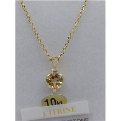 10KT YELLOW GOLD GENUINE CITINE  AND CZ HEART PENDANT W/ STERLING SILVER YELLOW GOLD PLATED CHAIN W/