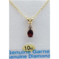 10KT YELLOW GOLD 6X4MM GENUINE GARNET AND DIAMOND PENDANT W/ YELLOW GOLD PLATED STERLING CHAIN W/ AP