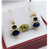 Image 2 : 14KT YELLOW GOLD GENUINE BLUE SAPPHIRE DROP EARRINGS W/ APPRAISAL $1500 - 4 SAPPHIRE (2CTS)