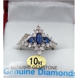 10KT WHITE GOLD GENUINE BLUE SAPPHIRE AND DIAMOND RING W/ APPRAISAL $1480 - SIZE 6.75, 0.6CT SAPPHIR