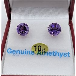 10KT YELLOW GOLD 7MM GENUINE AMETHYST STUD EARRINGS - RETAIL $500, 2.75CTS AMETHYST BIRTHSTONE FEBRU