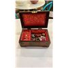 Image 2 : WOOD AND BRASS JEWELLERY BOX W/ JEWELLERY - BEADED, BONE, CLOISONNE, ETC