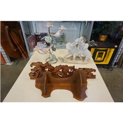 Elephant statue, bird candleabra and wooden corner shelves