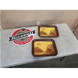 2 VINTAGE COCA COLA TRAYS AND RUSSELL BREWING METAL SIGN