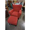 Image 1 : RED UPHOLSTERED ARMCHAIR WITH OTTOMAN