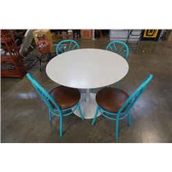 ROUND WHITE PEDESTAL TABLE WITH 4 TEAL CHAIRS