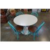 Image 1 : ROUND WHITE PEDESTAL TABLE WITH 4 TEAL CHAIRS