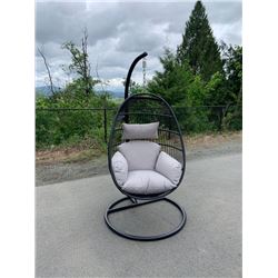 BRAND NEW LIGHT GREY SINGLE HANGING EGG CHAIR - RETAIL $949 W/ NECK PILLOW, FOLDABLE FRAME, POWDER C