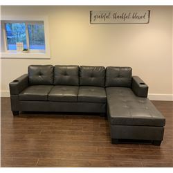 BRAND NEW GREY AIR LEATHER 2 PC SECTIONAL SOFA W/ CUPHOLDERS, AND REMOVABLE PILLOW BACKS, RETAIL $13