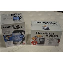 AS NEW HAMILTON BEACH GLASS KETTLE AND CLASSIC CHROME TOASTER - WORKING