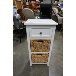 WHITE AND WICKER 3 DRAWER STAND