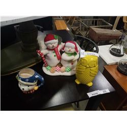 TORRE AND TOGUS, OWL COOKIE JAR, MUSICAL SNOW COUPLE, AND BEAR MUG