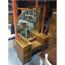 ANTIQUE VANITY WITH MIRROR - MIRROR APPROX 46 INCHES ACROSS